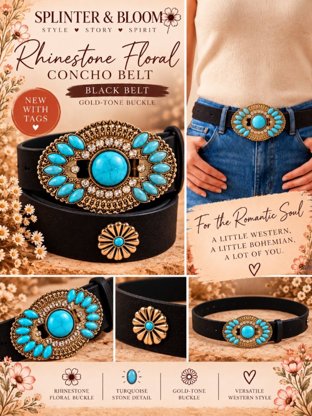 NWT Rhinestone Floral Turquoise Gold Concho Western Belt – Black